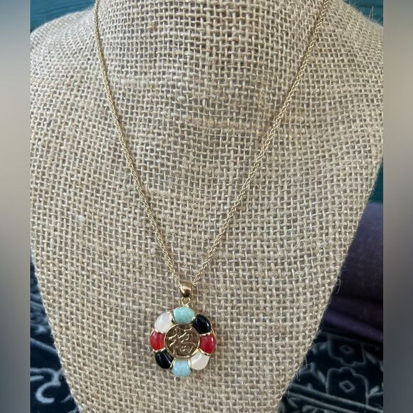 Vintage Gold-tone Necklace w/Onyx, Carnelian, Jade Stones & Blessing Character. - Picture 2 of 7